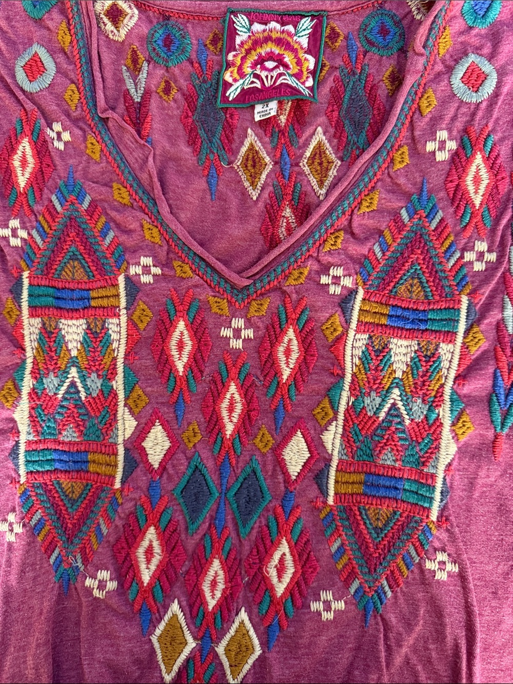 Johnny Was Magenta Pink Embroidered V-Neck Tee - Picture 8 of 9